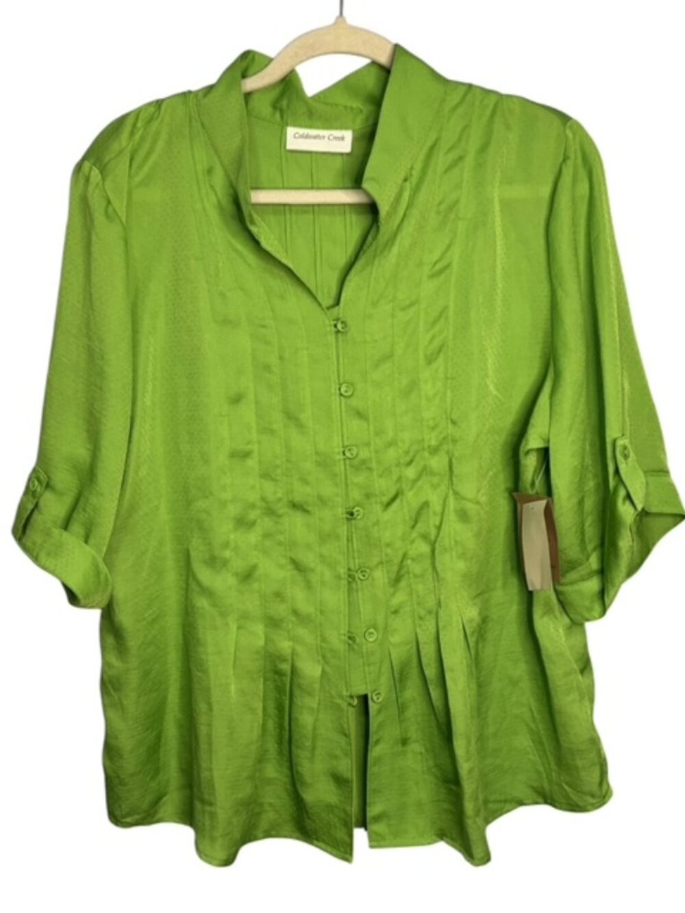 Coldwater Creek Blouse Women's XL Pintuck Textured Lightweight Office Green NEW